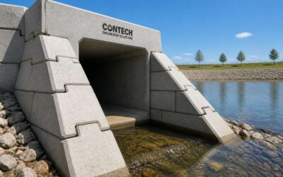 Precast concrete blocks in outlet structures ensure stable and efficient water flow.